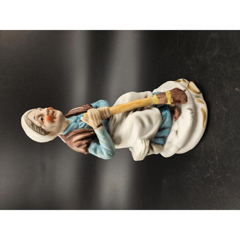 Vintage Ceramic Eldery Woman Figurine Sitting w/ Broom Hand-Painted